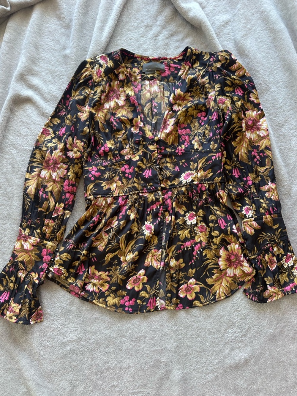 Anthropologie Black Floral V-Neck Peplum Blouse with Pink & Gold Accents